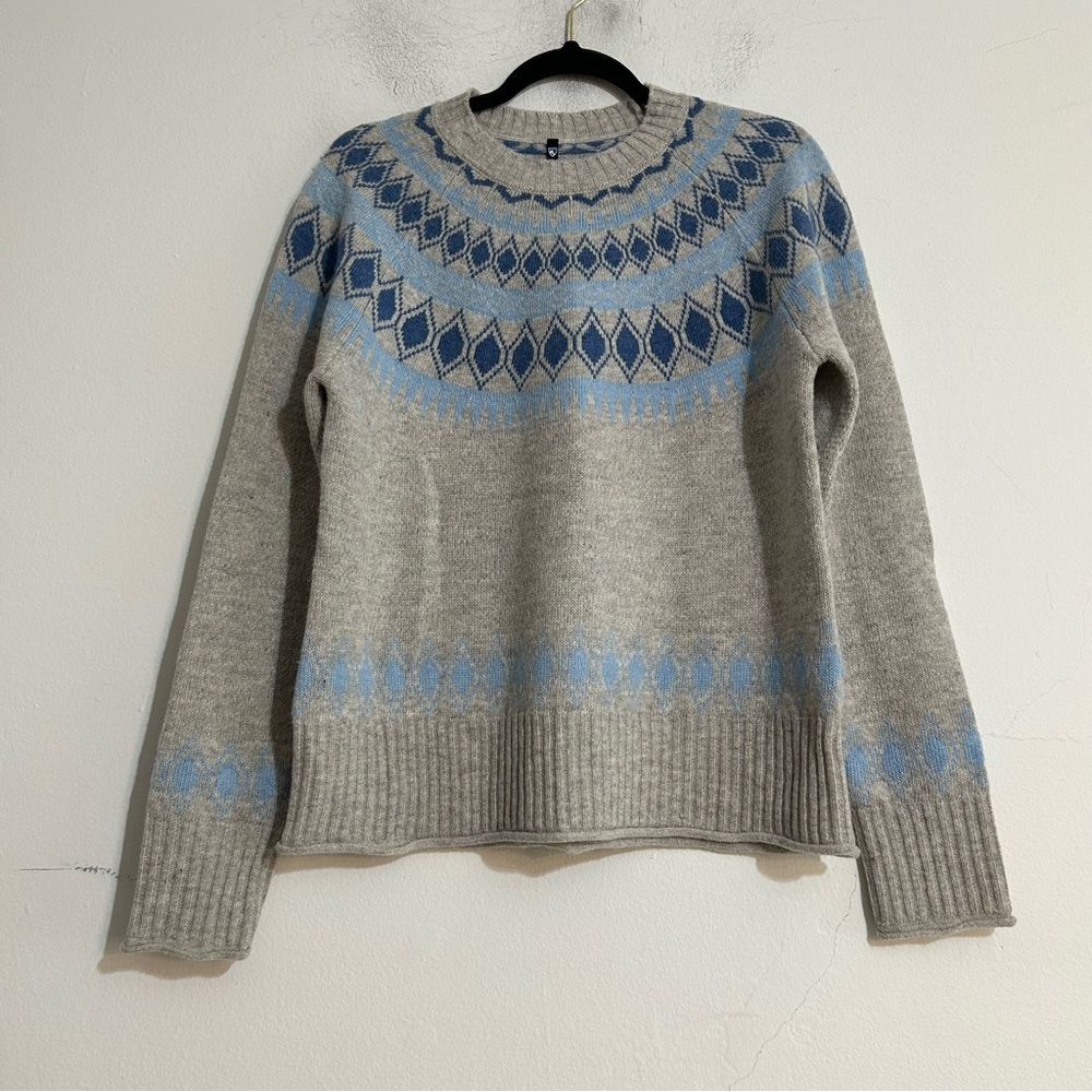 Kuhl Wunderland Fair Isle Merino Wool Blend Sweater Grey Blue Medium Ski Winter